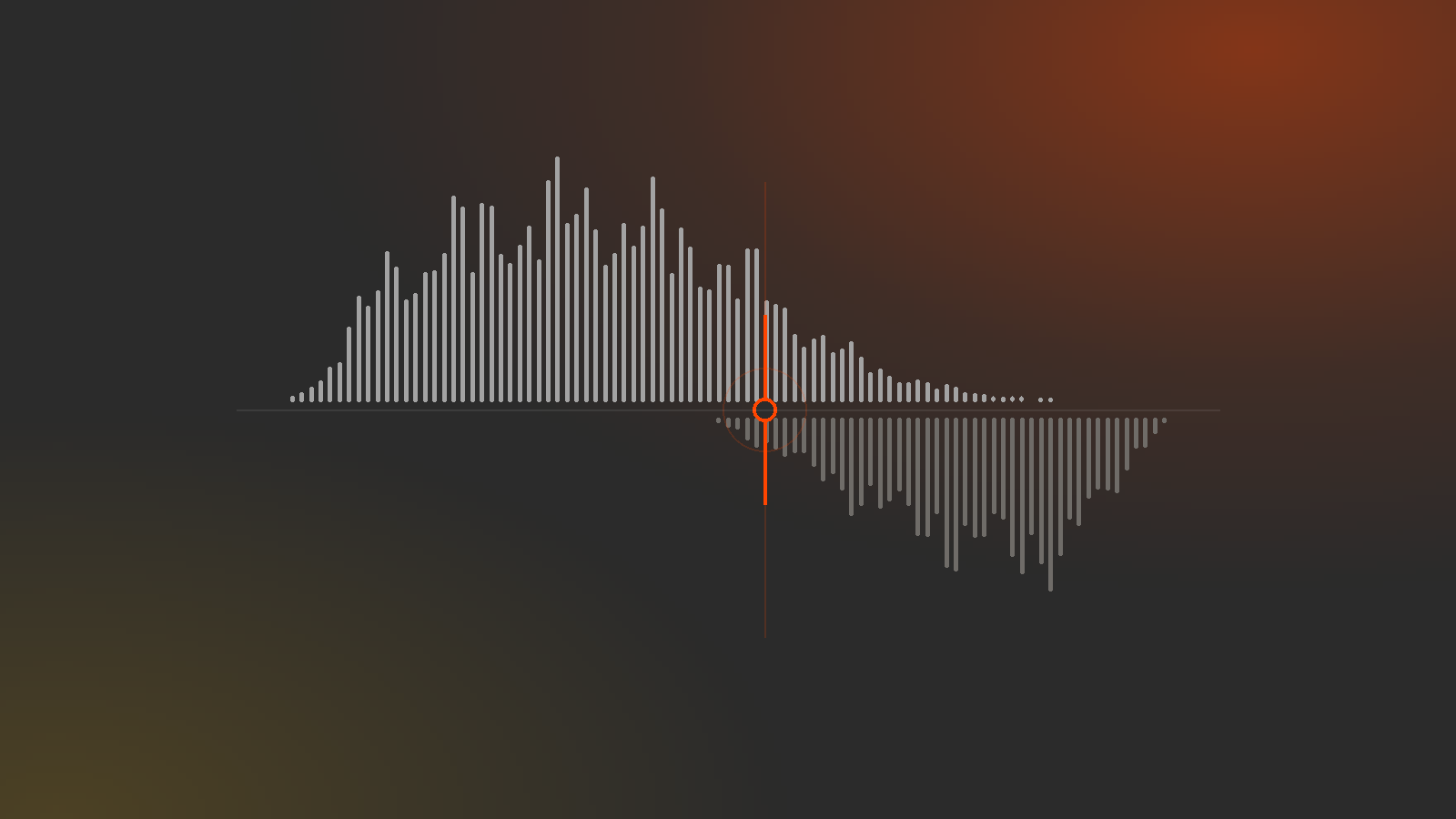Two interleaved audio bands meeting at a single orange handover marker, the moment a conversation changes speaker