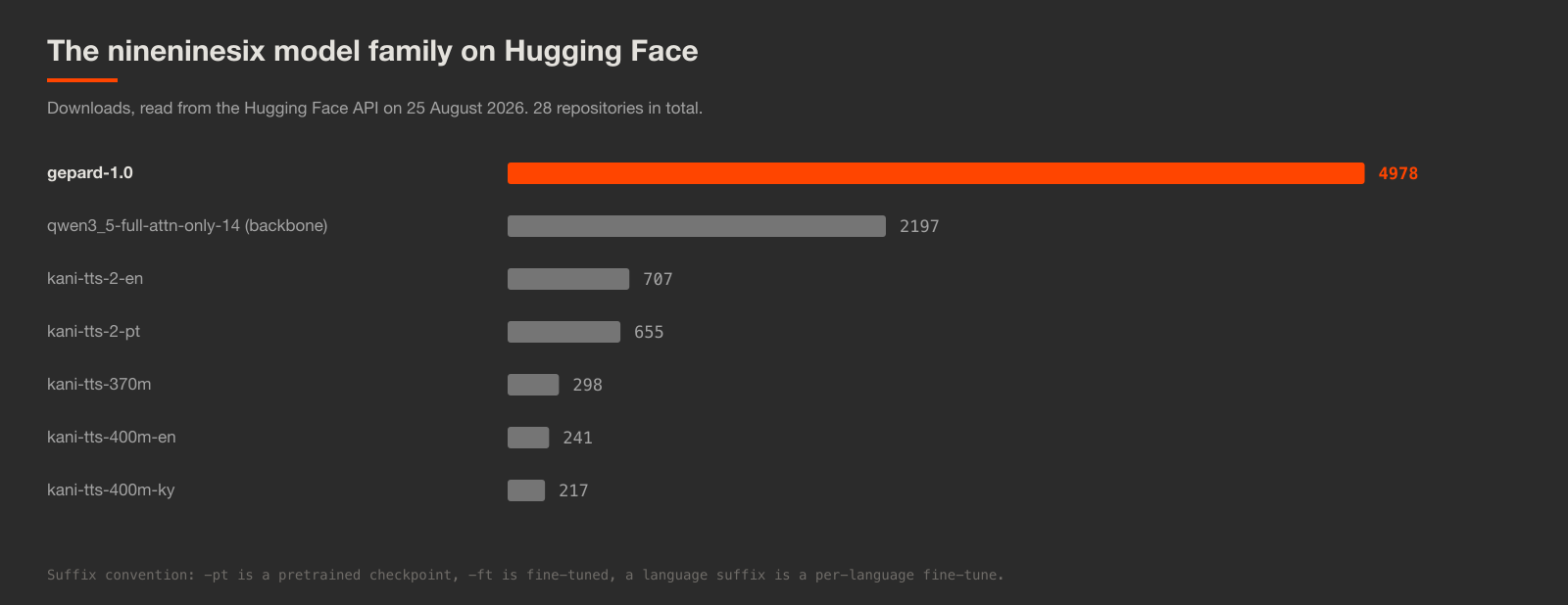 Horizontal bar chart of Hugging Face downloads across the nineninesix model family