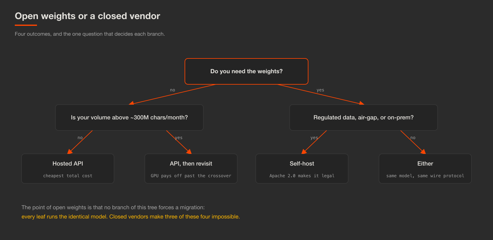 Decision tree with four outcomes: hosted API, API then revisit, self-host, or either